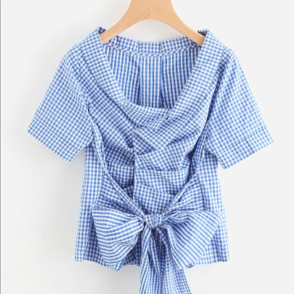 Light blue checked bow tie blouse
